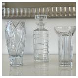 (4pc) Glass Items | Including two glass vases, a decanter with siwrled design, and a white ceramic p