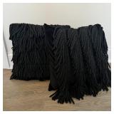 (2pc) Pair Black Tassel Throw Pillows | Black velvet pillow covers with bands of black tassels. - h.