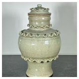 LIDDED CERAMIC URN | Cracked glaze ceramic urn. - h. 16 x dia. 9 in