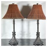 (2pc) Bamboo Inspired Lamps | Matching end table lamps with metal base and bamboo type shade. - h. 2