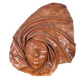 3D Leather Wall Art | Formed face wrapped in scarf constructed out of leather. Hand made. - h. 18 x 