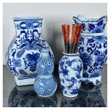 (4pc) Blue & White Asian Porcelain | Including: 2 large vases, double gourd vase, and small vase wit