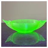 URANIUM GLASS BOWL | Uranium or Vaseline glass bowl with bird-form handles. - h. 4 x w. 5.75 x l. 13