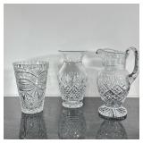 (3pc) Crystal Vases and Pitcher | Including; two carved and etched vases, and water/juice pitcher. -
