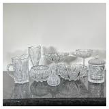 (8pc) Cut Glass Pieces | Including; two compotes, two bowls, water pitcher, vase, small syrup pitche