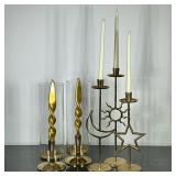 (5pc) BRASS CANDLESTICKS | Pair of brass candlesticks with glass and set of 3 tall brass candlestick