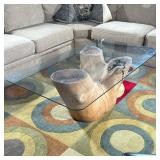 WOOD & GLASS COFFEE TABLE | Tree trunk base coffee table with glass top having three pointed tree tr