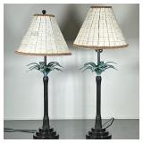 (2pc) PAIR BRASS PALM TREE LAMPS | Solid brass lamps in shape of a palm tree with mosaic stone shade