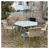 OUTDOOR DINING SET | Including: hexagonal glass top table and 4 metal & wicker chairs. - h. 28 x w. 