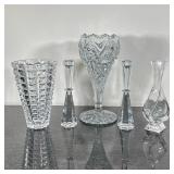 (5pc) Glass Vases and Candle Stick Holders | Including; Imperial Cut glass tulip shape vase, Contemp