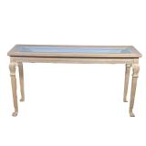 WOOD & GLASS CONSOLE TABLE | Carved wood console table with inlay beveled glass top. - h. 28 x w. 54