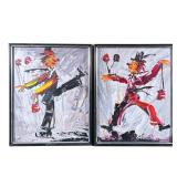 (2pc) Clown Wall Art | Palate Knife paintings of complimentary clowns, signed by artist Katz. - h. 2