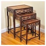 (3pc) Chinese Nesting Tables | Antique (1900s) Chinese hardwood nesting tables, with a carved front 
