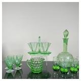 (12pc) Uranium/Depression Glass | Vintage uranium/depression glass set includes etched, bulbed base 