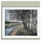 Unknown Artist, Original Lithograph - Birch Trees | Scenic lithograph of a winding river path and bi