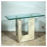Italian Travertine & Glass Table - Small | Italian table featuring a travertine/marble u-shaped base