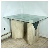 Italian Travertine & Glass Table - Large | Italian table featuring a travertine/marble blocked pedes
