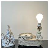 (2pc) Unknown Artist, Lamp & Figurine | Antique lamp with base for porcelain figurine to sit atop.