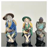 (3pc) Chinese "Mud Men" Figurines & Monk | Antique (1890-1919) Chinese (Shekwan/Shiwan) glazed clay 