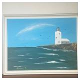 Unknown Artist, Original Painting - Lighthouse | Scenic painting of a white lighthouse on a clear bl