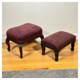 (2pc) Burgundy Upholstered Footstools | Vintage French-inspired carved leg footstools with burgundy 