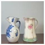 (2pc) Toledo Pottery Pitcher & Stinthal China Pitcher | Spanish (Quismondo) Toledo Pottery blue/whit