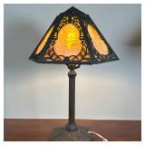 Slag Glass Art Nouveau Table Lamp | Vintage (1900s-1920s) slag glass and Art Nouveau style iron meta