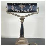 Solid Bronze Desk Lamp | Vintage solid bronze "banker" style desk lamp with painted tole lampshade. 