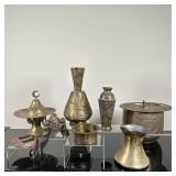 (9pc) Islamic/Middle Eastern Bronze & Brass | Vintage brass shoe-shaped incense burners with red pai