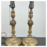 (2pc) Brass Candlestick Table Lamps | Ornate brass candlestick-style table lamps with pull tabs to t