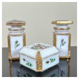(3pc) Milk Glass Dresser/Vanity Trinkets | Antique (1900) enamel and gold gilt decorated milk glass 