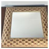 Wood Mosaic Wall Mirror | Wood mosaic patterned square-shaped wall mirror. - h. 16 x w. 16 in