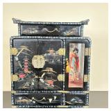 Japanese Musical Jewelry Box | Vintage Japanese black lacquer-painted wind-up musical jewelry box wi