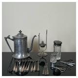 (22pc) Silver Plate Teapot, Flatware & Others | Silver plate items including teapot, flatware, brand