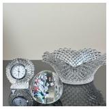 (3pc) Crystal Clock, Crystal Bowl & Glass Paperweight | Small cut-crystal clock in the shape of a se