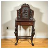 Walnut Telephone Table | Antique (1920s) carved walnut telephone table with intricate floral carving