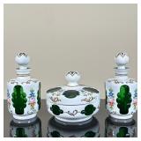 (3pc) Uranium Glass Dresser/Vanity Trinkets | Vintage porcelain and green uranium glass dresser/vani