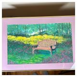 Unknown Artist, Original Watercolor Painting - Garden Bench | Landscape painting of an empty wooden 