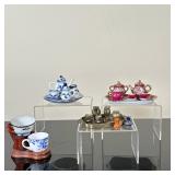 (4pc) Miniature Tea Sets | Limoges (France) burgundy miniature tea set Delft (Germany) blue and whit