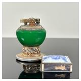 (2pc) Ronson "Leona" Table Lighter & Matchbox | Vintage English Ronson "Leona" table lighter in gree
