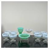 (11pc) Fenton Uranium Glass & Depression Glass | Vintage (1930s) Fenton green uranium glass bowl wit