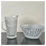 (2pc) Crystal Bowl & Pitcher | Vintage Russian hand-cut 24% lead crystal bowl with blocked design (1