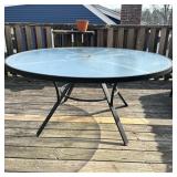 Outdoor Dining Table | Round outdoor/patio dining table with glass top and hole for umbrella/stand. 