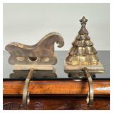 (2pc) Solid Brass Stocking Holders | Vintage solid brass stocking holders for fireplace mantle in th
