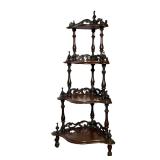 Corner Etagere | Carved scrollwork and spindle tiered etagere / corner shelf, having four shelves of