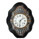 French Mother of Pearl Wall Clock | Circa 19th century, ebonized wood frame, enameled face with Roma