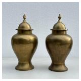 (2pc) Pair Brass Jars | A pair of lidded brass urns, each marked "Made in India" on the bottom. - h.