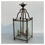 Hanging Light Fixture | Four lights with faux candlestick mounts, within a four-sided glass lantern.