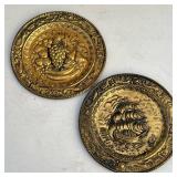 (2pc) Pair Pressed Brass Plates | Decorative pressed brass plates with fish-surrounds, including one