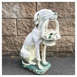 Outdoor Dog Statue | Outdoor statue of a dog holding a basket of flowers. - h. 23.5 x w. 8 x d. 11.5